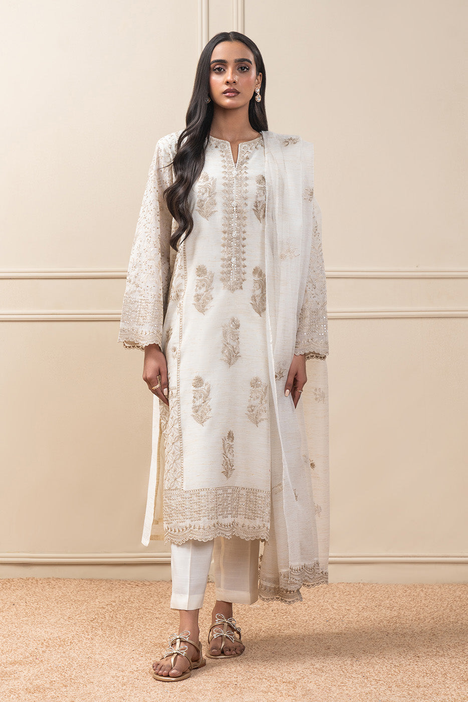 3 PIECE EMBROIDERED ZARI PAPER COTTON SUIT (PRET)