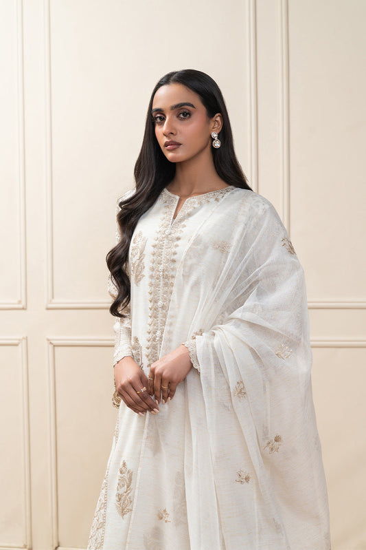 3 PIECE EMBROIDERED ZARI PAPER COTTON SUIT (PRET)